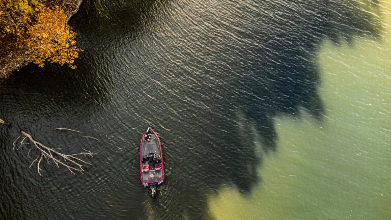 Aerial view of a fisherman with a fishing boat in the middle of the lake Grand, Oklahoma